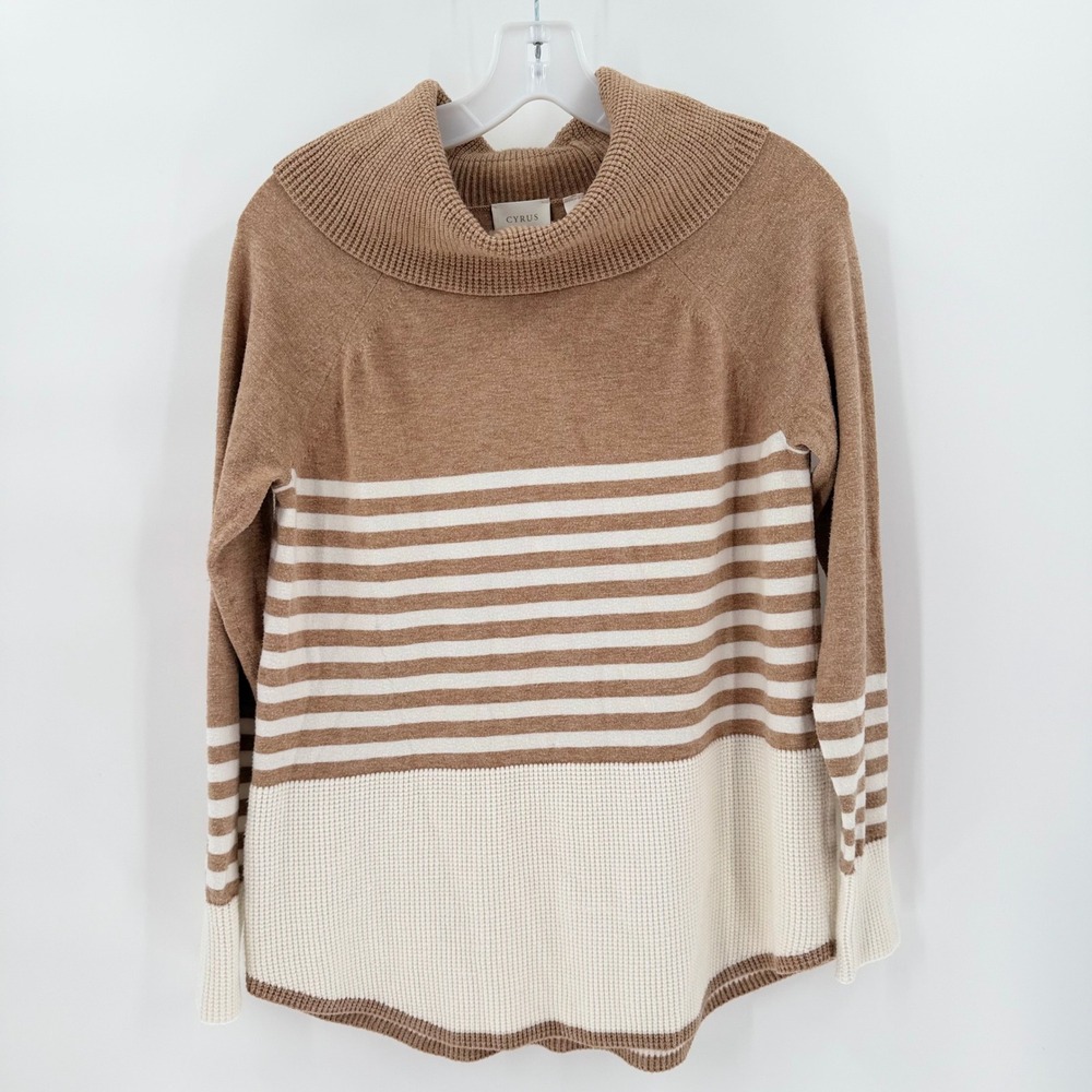 CYRUS Cowl Neck Sweater Striped Colorblock Brown Cream Long Sleeve Pullover L